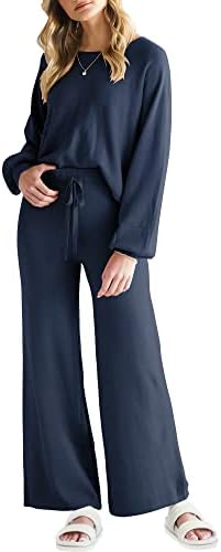 ANRABESS ženska dvodijelna Odjeća trenirka Dugi rukav sa fenjerom Crewneck Crop Top sa širokim pantalonama