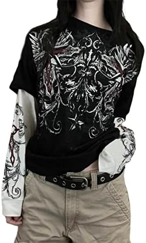 Y2K bajka Grunge pulover grafički grafički print dugih rukava Thirts Vintage okrugli vrat Punk tee e-girl