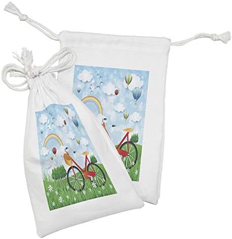 AMBESONNE CARTONA TOUCH TOUCH Set od 2, opružni krajolik sa dugim oblacima Zračni baloni i bicikl na daisy travi, malu torbu za izvlačenje za toaletne potrepštine, 9 x 6, višebojni