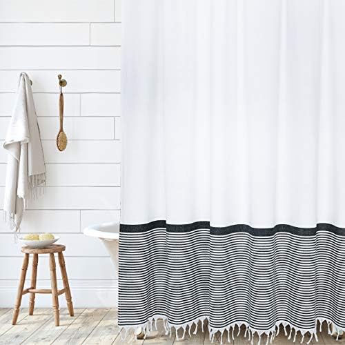 Hall & Perry Modern Searhouse Tassel Tuš Curntine Pamučna prugaste tkanine za zavjese s resilicama za dekor kupaonice - crni, 72 x72