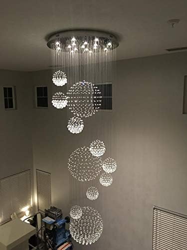 Moooni Modern 13-Lights Spiral 11 Sphere Crystal luster Rain Drop Luxury Large Flush Mount High strop Lightture Fixture for Entryway Foyer Staircase D 31.5 X H 110