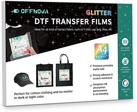 OffNova Glitter DTF Transfer Film, 30 listova A4 PET prijenosa topline Direktni za filmski tisak za majice tamne tkanine Tekstil