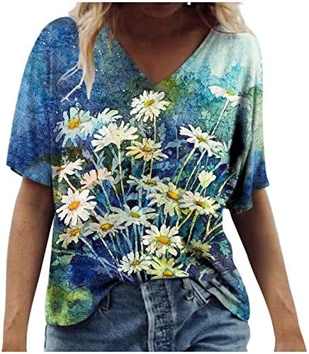 Vrhovi za žene ljetni cvjetni tiskovina kratkih rukava casual v izrez slatke majice Vintage grafički