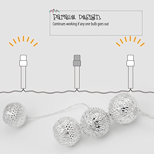 10ft Hollow Ball LED Božićna žičana svjetla na baterije - Bijela, 2 načina rada, 20 kom loptica za Božić, praznike, zabave, dekorativna rasvjeta