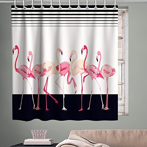 Knutne Slatka flamingo tuš za tuširanje ružičaste tropske divlje životinje Tema tkanina crna bijela pozadina Kupatilo Kupatilo setovi sa kukama vodootporan 72W x 72h