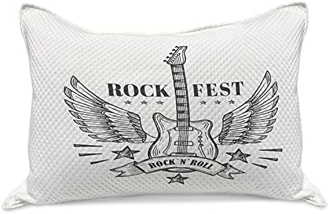 Ambesonne Rock and Roll pleteni jastuk, uzorak dizajna rock festivala sa krilatom gitarom i zvijezdama, standardnim kraljevskim jastukom za spavaću sobu, 36 x 20, siva i bijela