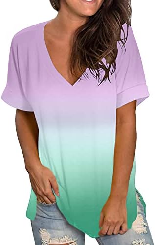 Lovely Womens T majica Gradijent boja bluza V-izrez Ljetni kratki rukav labav ležernu majicu Tunički