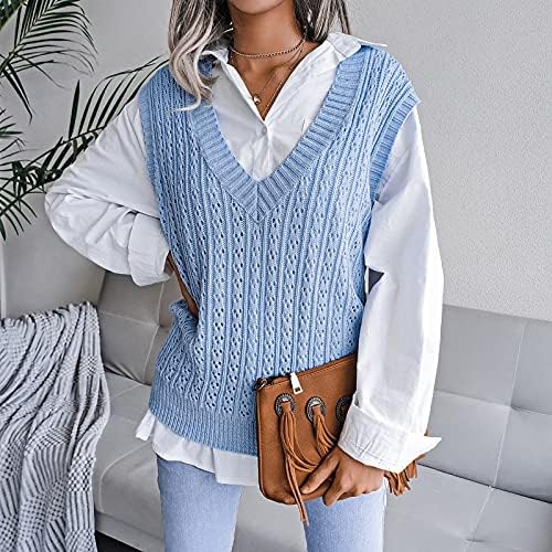 NOKMOPO Fall džemperi za žene College Style Casual Loose Knit Vest modni džemper s V-izrezom Grafički džemper