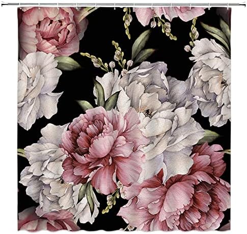 Crna Boho cvjetna tuš zavjesa Vintage akvarel ruža Rouny Retro ružičasti cvjetovi Cvijeće Rustikalno proljeće ostavlja zavjesu od tkanine s kukom