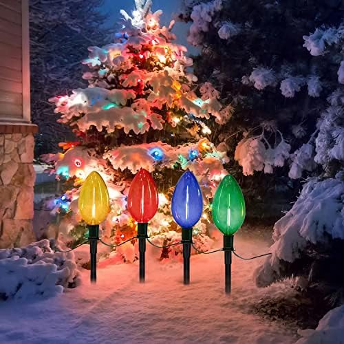 Božićni svjetla Jumbo C9 Vanjski ukrasi za travnjak sa stazama markera, 2 pakovanja 7 stopa String Svjetla sa prozirnim višebojnom žaruljama za odmor izvan dvorišta Garden Decor, 8 svjetla