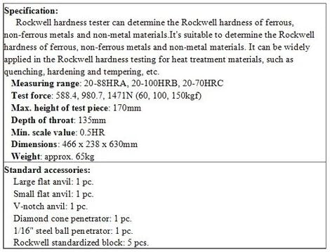 Gowe Rockwell Tester za ispitivanje mjerenja: 20-88hra, 20-100hrb, 20-70hrc, Ispitna sila: 588.4, 980.7,