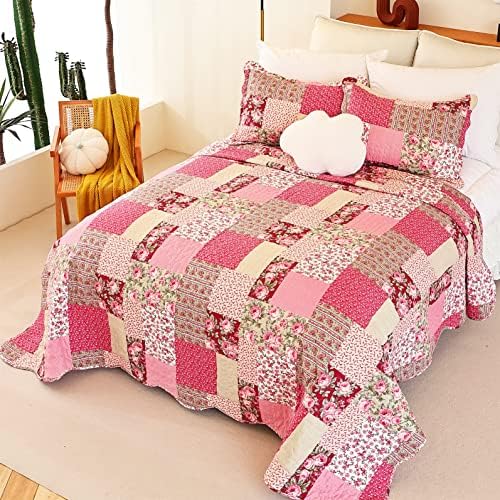 CMFShape ljetni set posteljine s cvjetnim kraljem veličine, romantični crveni ružin prekrivač, reverzibilni prekrivač cijelu sezonu, meka lagana pokrića sa kutijama jastuka