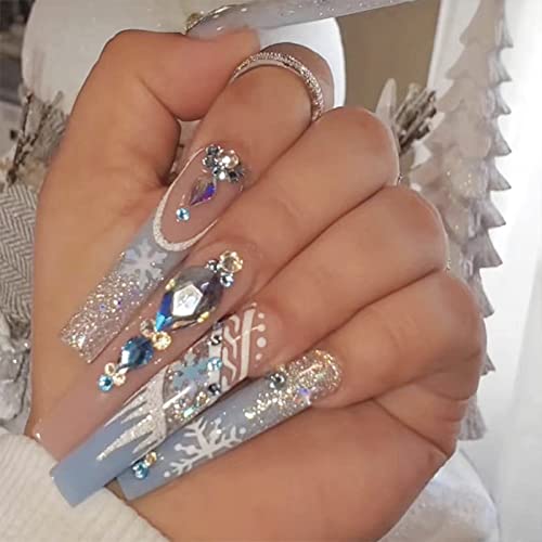 YOSOMMK Božić Extre duga presa na noktima ledeni plavi kovčeg lažni nokti sa pahuljicama dizajn Rhinestones lažni nokti za žene se lijepe na nokte sa ljepilom na statičkim noktima