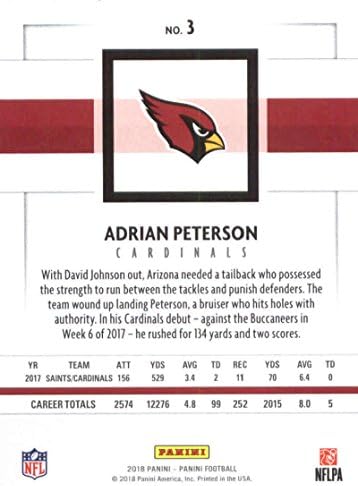 2018 Panini NFL Fudbal br. 3 Adrian Peterson Arizona Cardinals službena trgovačka karta