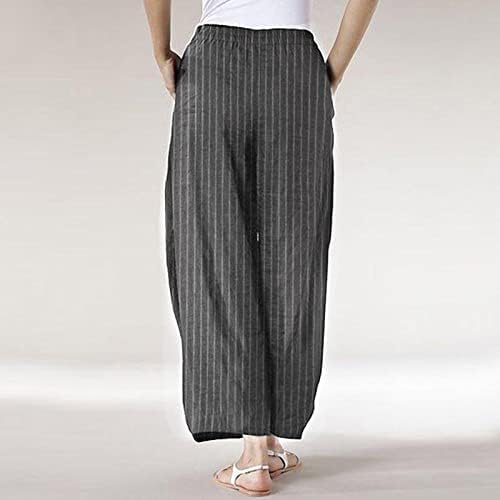 Meymia Womens Pamučne pantalone prozračne visoki struk labav fit široko noga elastična struka prugasta pant s džepovima