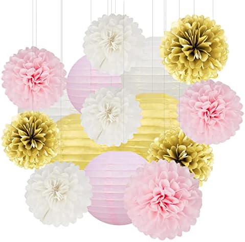 Bijelo zlato ružičaste zabave - 15pcs papirnati papir Cvijeće Pom Poms papir fenjera Ženska