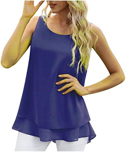 LCEPCY ženska majica bez rukava bez rukava Dvostruki slojevi okrugli vrat Labavi puni u boji