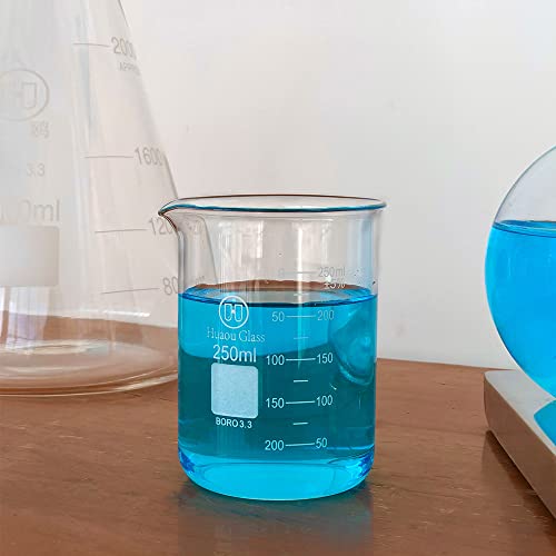 Huaou 250ml staklena čaša set 3PSC niska obrazac 3.3 Borosilikat Glass diplomirane mjerne laboratorijske čaše
