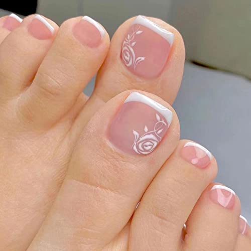 KASUWA pritisnite na nokte na nogama kratki francuski Savjeti za nokte lažni nokti bijeli cvijet ruža