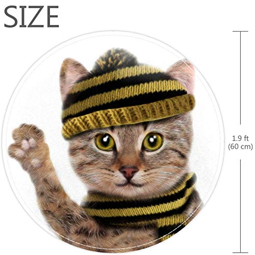 Slatka mačka nosi šešir i šal crtana životinja, Neklizajući otirač 23,6 okrugli tepih tepisi tepisi za