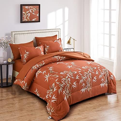 Luxudecor Botanički komfor set King Terracotta napušta krevet u vrećici 7 komada izgorele narančaste cvjetne posteljine set
