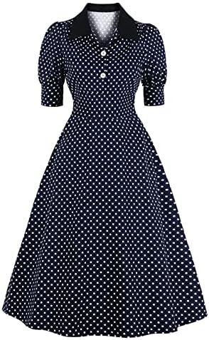 Ženska polka tačka Vintage Tee haljina kratki puf rukav Maturalna haljina dugmad za rever Midi