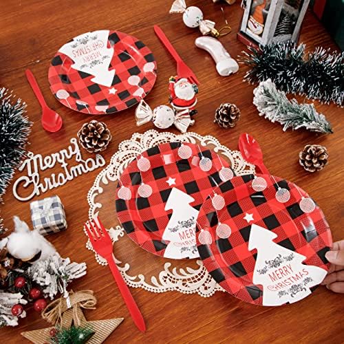 Welfife 125pcs Crvene božićne ploče za božićne partijske ploče sa božićnim drvcama i božićnim zvonima dizajniraju, uključuju 25 ploča za večeru, 25 papirnate desertnih ploča, 75 crvenih plastičnih pribora