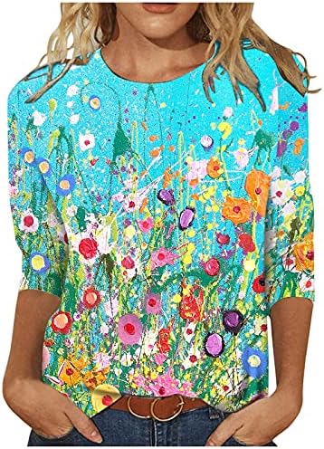 Ljetni vrhovi za žene 3/4 rukav vintage cvjetni print Thirts Dressing Ležerne prilike labave slatke vrhove Grafičke majice