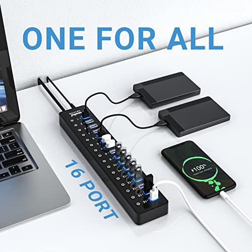 Power USB Hub 3.0, ATOLLA 16 Port USB razdjelnik sa 12v / 6A adapterom za napajanje i pojedinačnim prekidačima,
