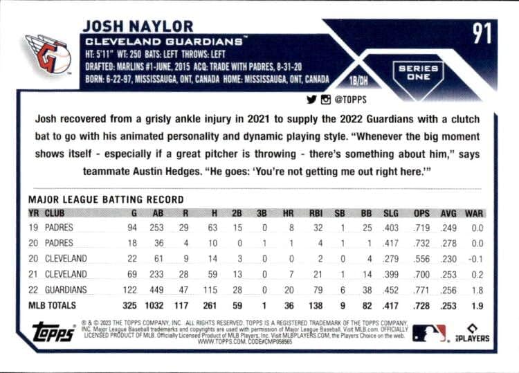 2023 TOPPS # 91 JOSH NAYLOR NM-MT Cleveland čuvari Baseball Trgovačka karta MLB
