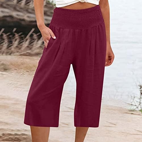 Ženske pamučne posteljine široke pantalone za noge elastične struine casual kapris pantalone sa džepovima labavi fit yoga pantalone