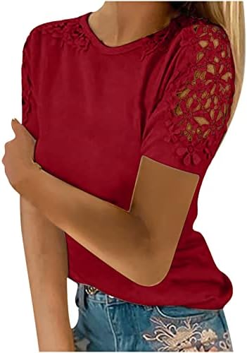 Ženska slatka čipka bluza Top ljetni kratki rukav čipka u šupljini ležerni okrugli vrat T majice crvene boje