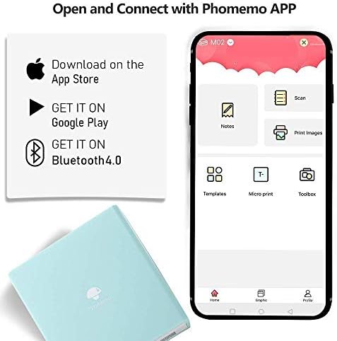 Phomemo M02 mini štampač - Bluetooth termički pisač sa 3 role COROFOLNI NOTHERPILNI PAPER, kompatibilan sa iOS + Android za Plan časopis, studijske note, umjetno stvaranje, rad, poklon