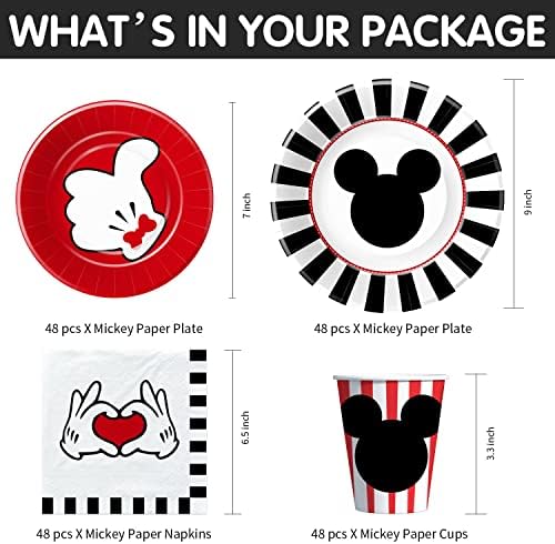 Hipvvild Mickey Tema Mouse Rođendanska zabava i ukrasi - Mickey Party Potrošnja za rođendanski tuš, ploča za papir, salveta, čaša, mickey tema za zabavu Tabela kuze | Poslužite 48