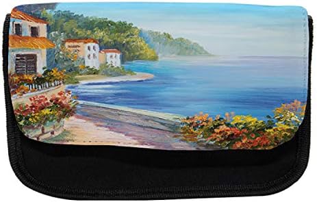 Lunarable Seascape pernica, kuća šareno cvijeće, tkanina olovka torba sa dvostrukim patentnim zatvaračem, 8.5 x 5.5, Blijedoplava narandžasta slonovača
