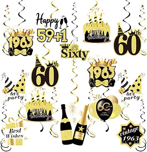 Refarorom 60. rođendan ukrasi - 30pcs Happy 60. rođendan ukrasi za muškarce 1963. Crno-zlatni ukras za zabavu Vintage nad brdskim vodostaj visi očvršćivanje Swirls Party stropni zalihe