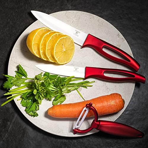 Moss & amp; kameni kuhinjski pribor za jelo bijeli keramički set noža, Set keramičkih noža i Gulilica za voće, otpornost na rđu i otpornost na mrlje, kuhinjski set noža za kuvanje, 5 komada crveni noževi