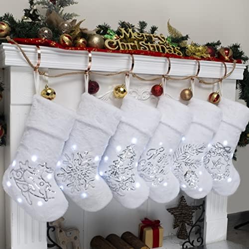 Lubot plišani božićna čarapa sa LED svjetlom Sparkly Srebrni sekcila izvezeni aplicirani viseći za porodične