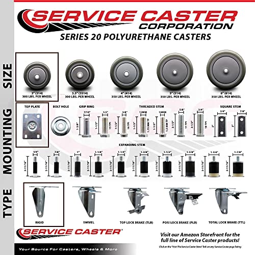 Poliuretanska okretna gornja ploča Caster Set od 4 sa sivim točkovima od 3 inča - uključuje 2 okretna sa kočnicama sa gornjim zaključavanjem i 2 kruta - 1200 lbs. Ukupni Kapacitet-Servis Caster Brand