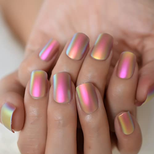 Coolnail Chrome Pink Gold kratki lažni nokti Rainbow Squoval Square Gel lažna presa na noktima za djevojku full