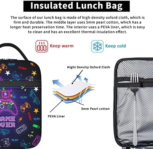 iujybax Game Lunch Box torbe za ručak, toplotno izolovana nepropusna torba za ručak za muškarce, torbe za višekratnu upotrebu Thermal Cooler Tote Bag, Gamer Lunch Boxes for Mens