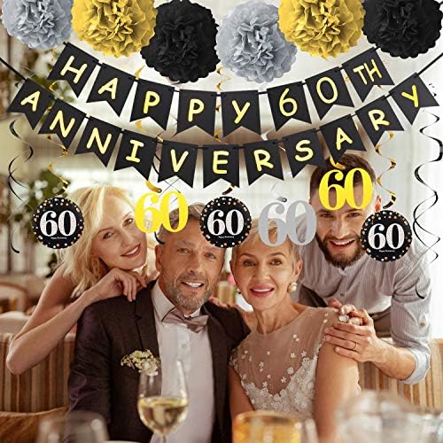60. godišnjica ukrasi zalihe Kit - Gold Glitter Happy 60. godišnjica Banner, 9pcs Pjenušava 60 visećih vrtloga, 6pcs Poms - za 60. dekoracije za zabavu u 60. godišnjicu vjenčanja