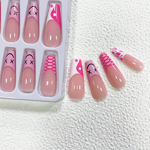 24 kom francuski vrh pritisnite na noktima dugi kovčeg lažni nokti ružičasto-bijeli sjajni akrilni lažni nokti sa dizajnom uzorka smajlija umjetni nokti se lijepe na nokte za žene