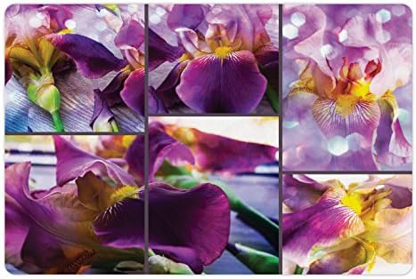 Ambesonne Rustikalna prostirka za kućne ljubimce za hranu i vodu, Cvjetajući Iris cvijeće orhideje na rustikalnom drvetu prirodna cvjetna ljepota romantična slika, pravougaona neklizajuća gumena prostirka za pse i mačke, žuta ljubičasta