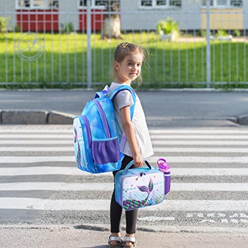 PVC Mermaid Kids ruksak Set-sjajni školski ruksak sa torbom za ručak za djevojčice mališane predškolsko vrtić osnovno 15 putna 3d plava torba za knjige za Laptop izolovana torba za ručak