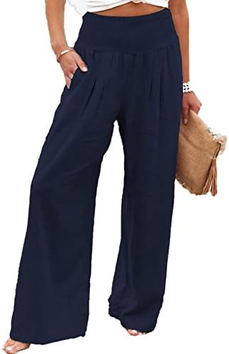 Ženske pamučne posteljine hlače elastične visoke struke labave hlače za noge casual plaža sport joga lounge pant