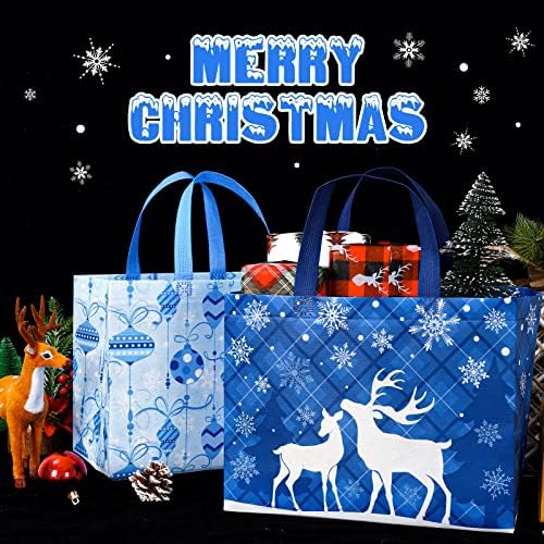 AnyDesign 12pack Božić Tote Torbe sa 24kom maramice plavo bijele netkane torbe za zabavu s ručkama višekratna poklon torba za namirnice Goodie torba za kupovinu za Božić zimske potrepštine, 12,8 x 9,8 in