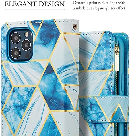 UEEBAI torbica za novčanik za iPhone 13 Pro Max 6.7 inch, Vintage PU Koža magnetno zatvaranje geometrijska torbica Zipper džepna torbica držač za kartice TPU preklopna torbica otporna na udarce-Mramorno plava
