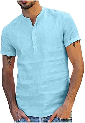 Muška pamučna lanena Henley majica, muški kratki rukavi ljetni vrhovi hipi Casual majice na plaži