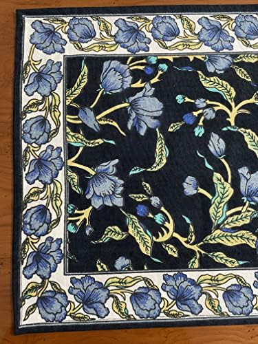 Indija Arts Francuski cvjetni stol Posteljina, pamuk, stolnjak 72 , mjesto MATS set od 6 13x19, salveta od 6 19x19, ljubičasta / plava na crnoj boji